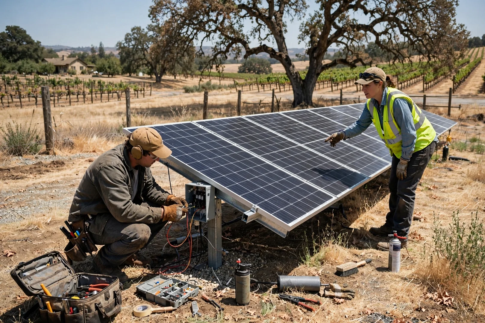 Ground-mounted off-grid solar array on a rural property outside Lodi at midday