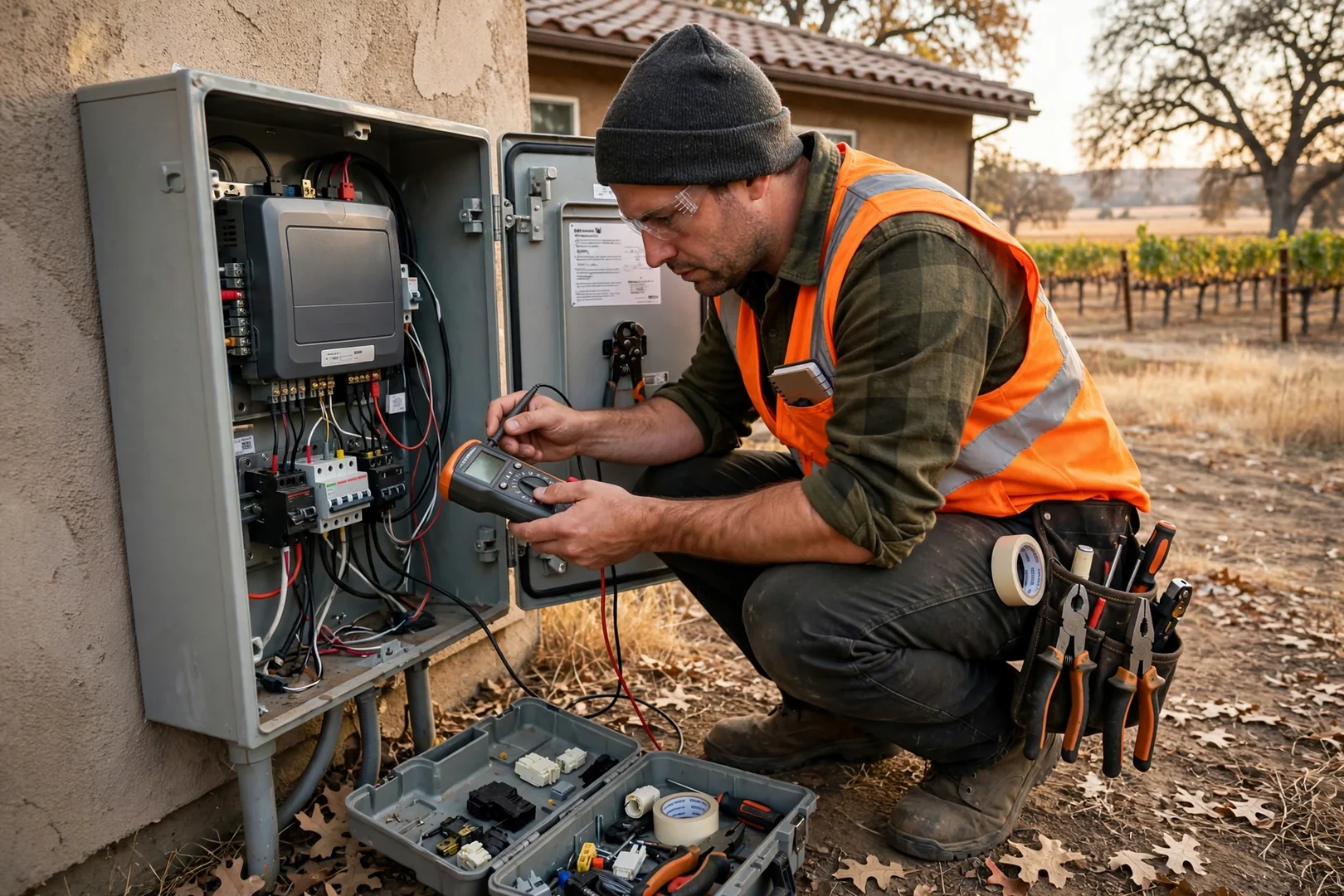 Installer checking charge controller readings during off-grid system commissioning