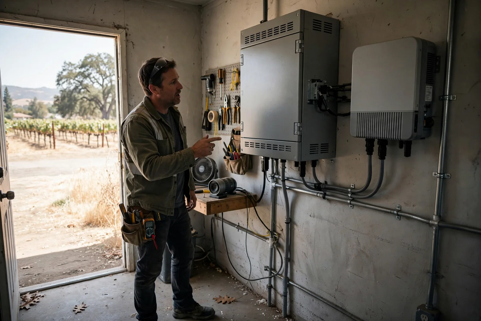 Lithium battery cabinet and inverter mounted in a shaded utility room