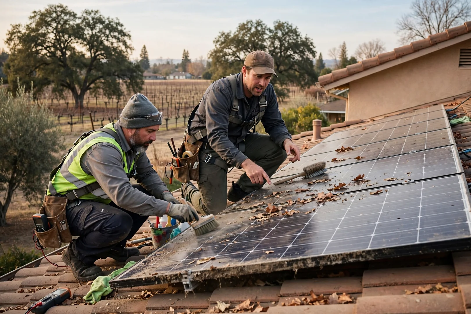 Installer reviewing solar system design and cost worksheet with homeowners at kitchen table