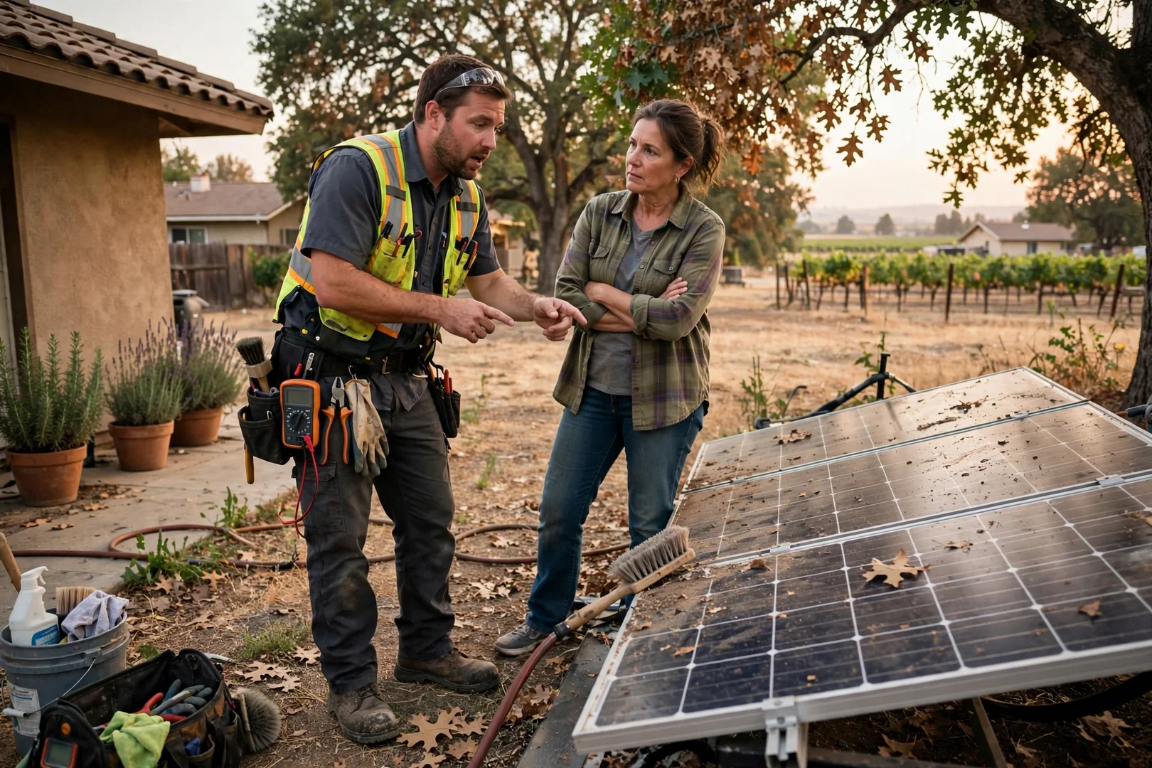 Solar technicians securing roof-mounted panels on a single-family home in Lodi California