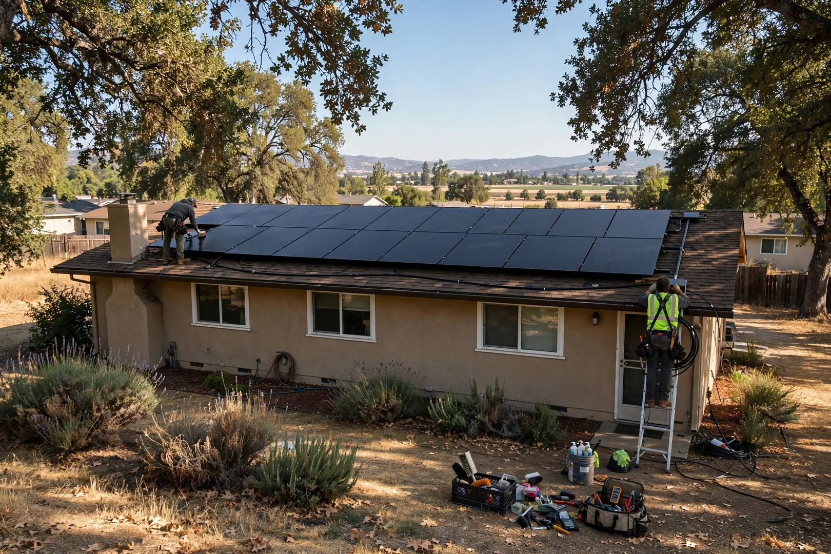 Rooftop solar array on a single-story ranch home under clear valley sky