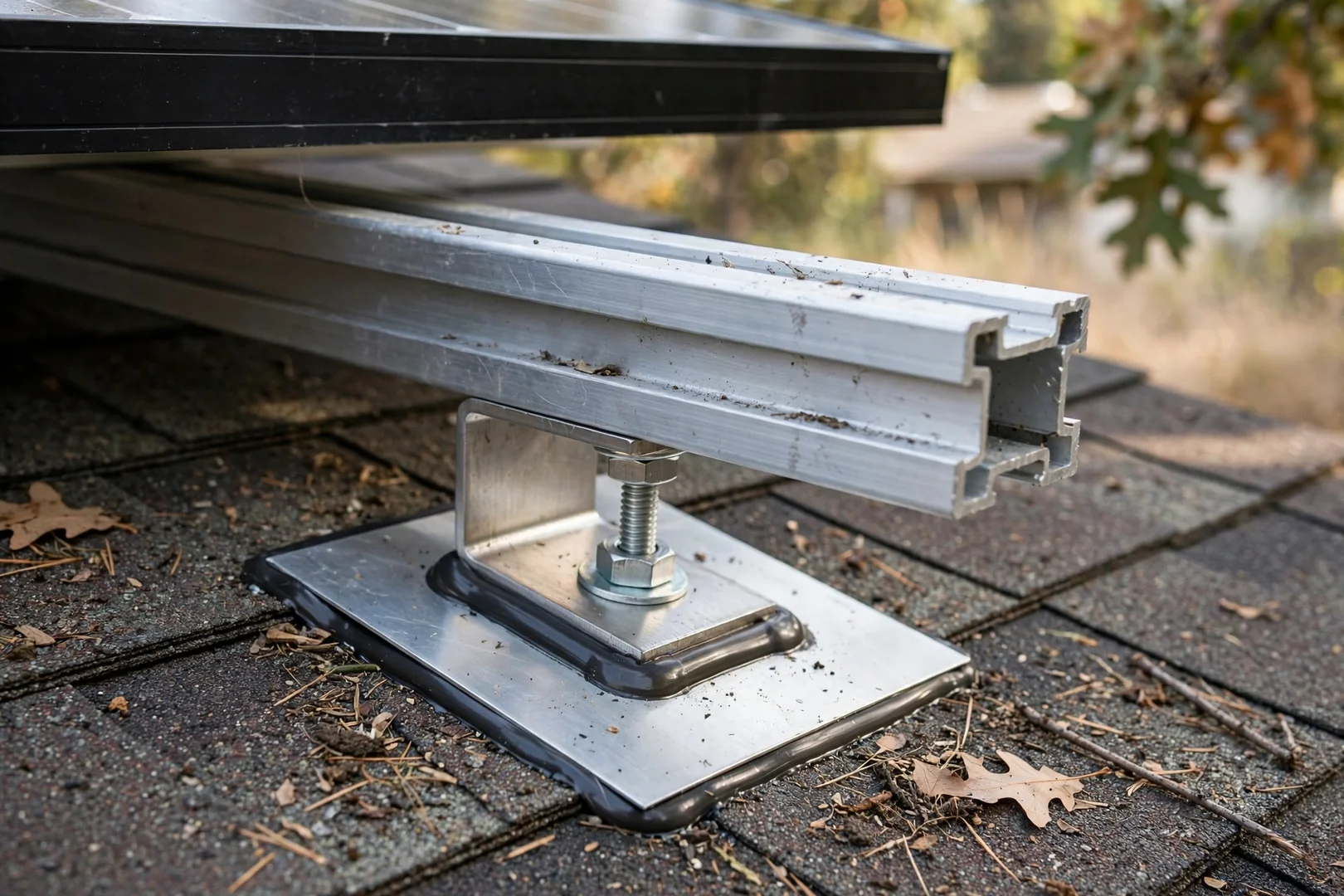 Close-up of flashed roof mount and rail hardware securing solar modules