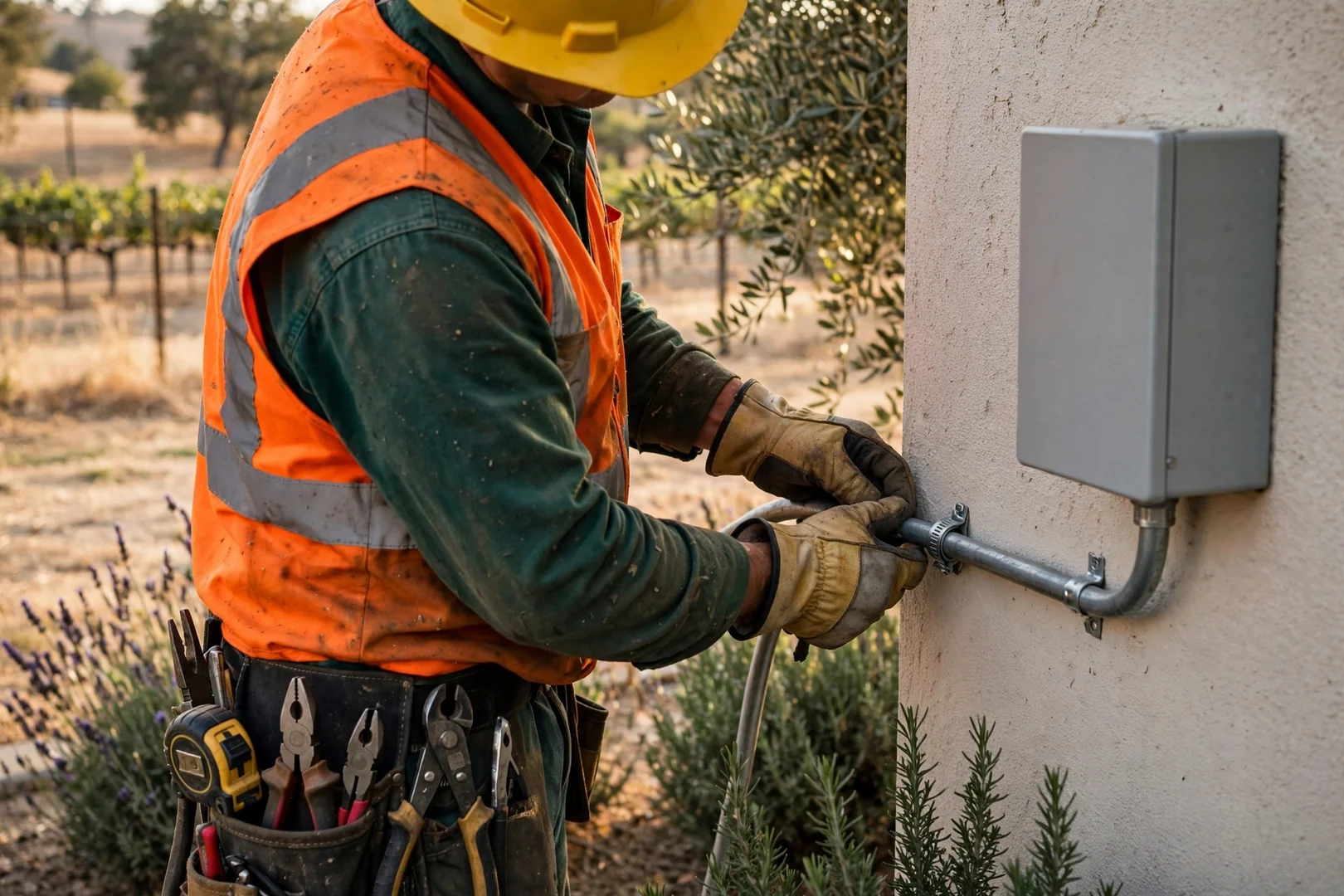 Installer routing conduit along exterior wall to a wall-mounted solar inverter