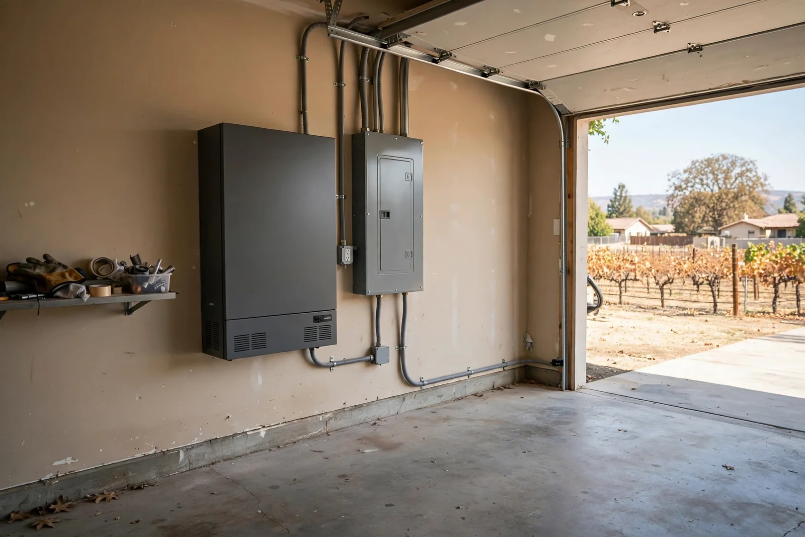 Battery storage cabinet and critical load subpanel installed in a home garage