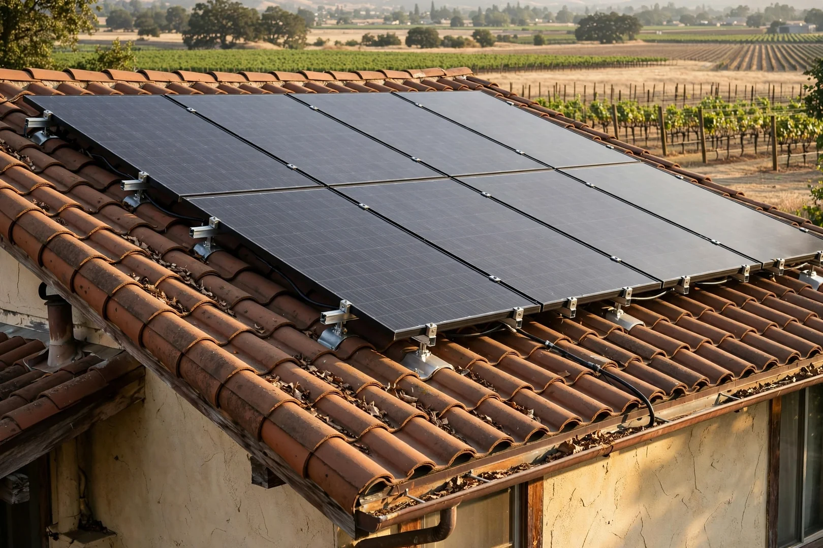 Tile roof solar installation with careful standoff placement near vineyard property