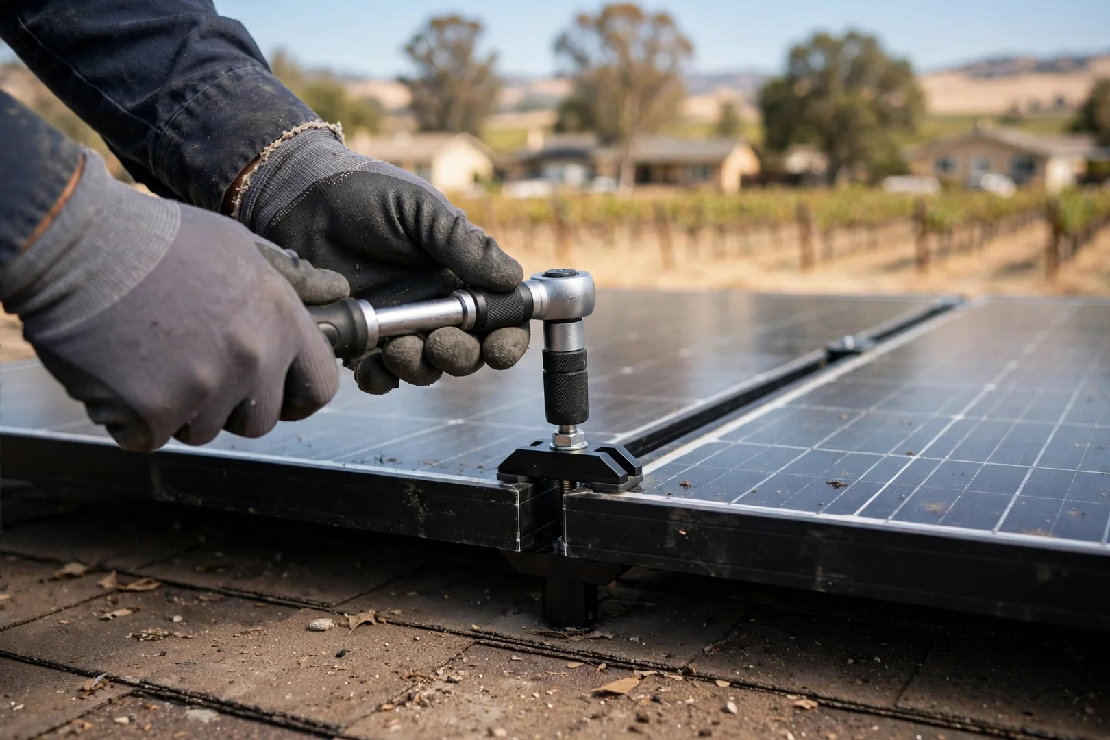 Technician torquing module clamps on a finished residential solar array