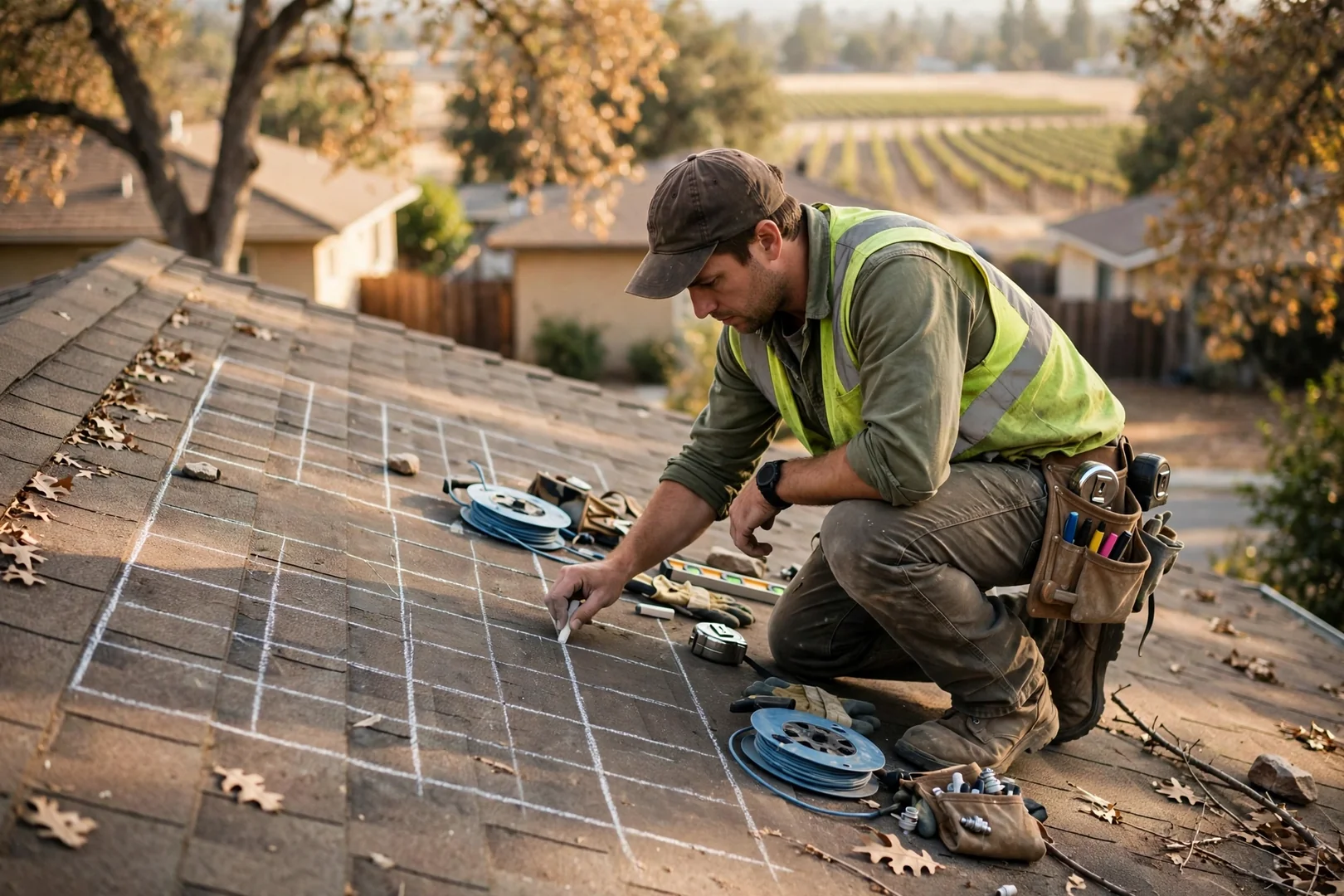 Technician mapping panel layout on a Lodi rooftop before residential solar installation