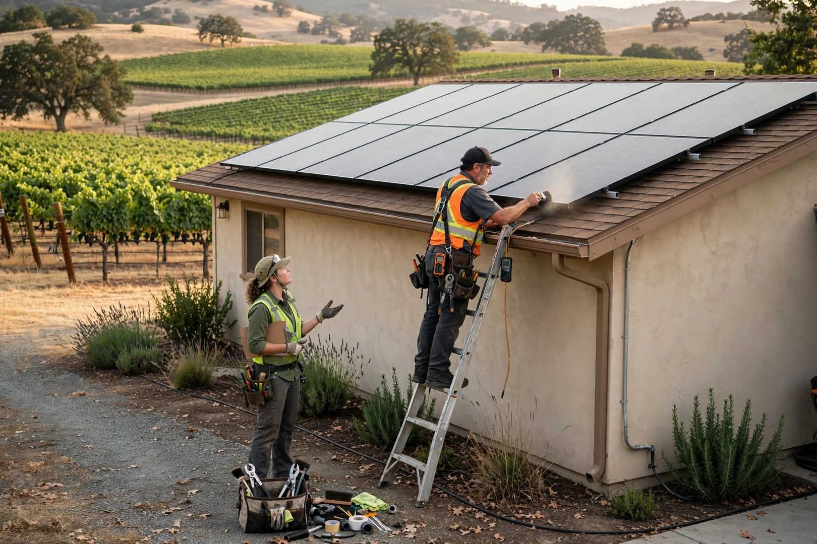 Completed residential solar array on a single-story home with vineyard views nearby