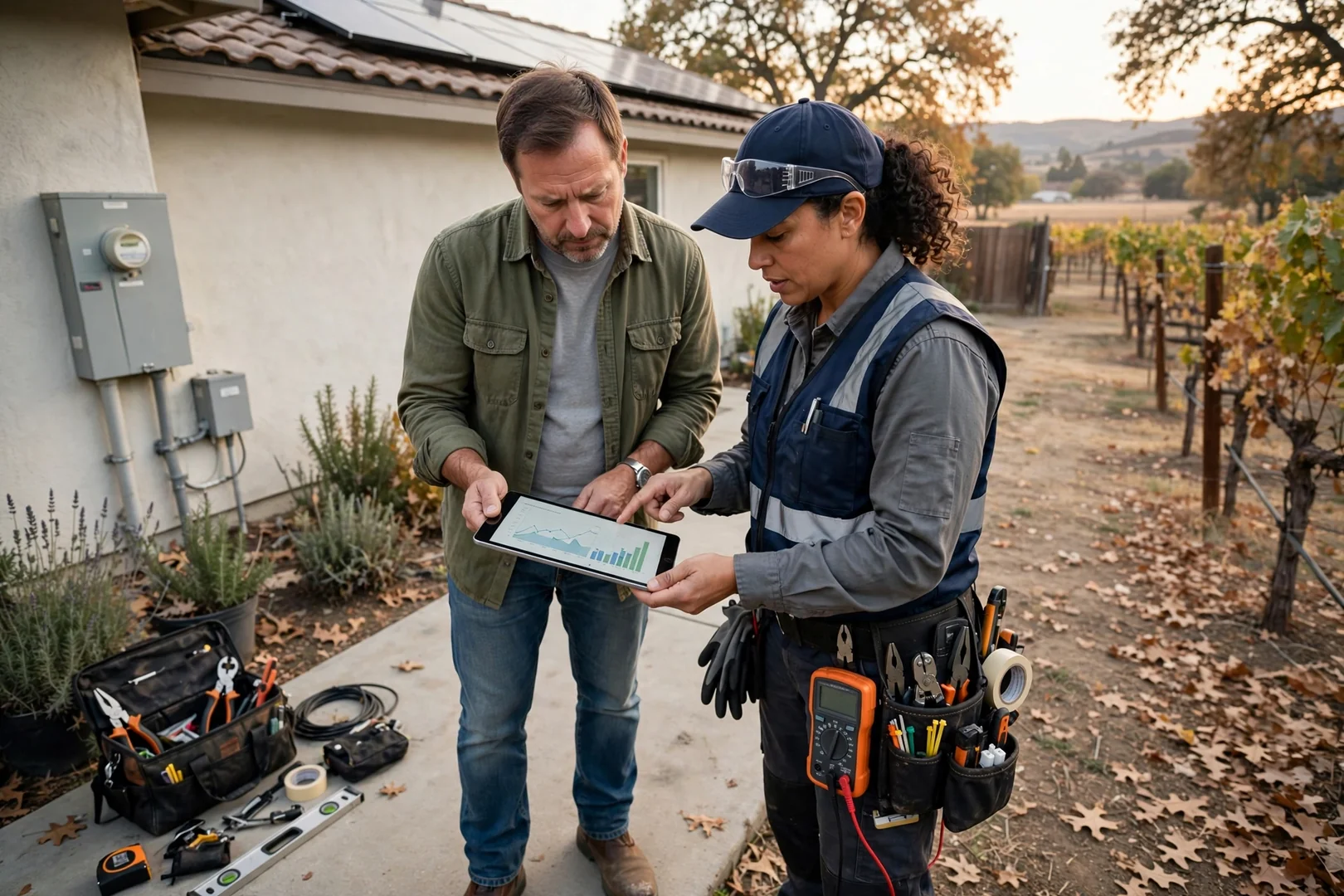 Homeowner reviewing monitoring app readings with installer during post-job walkthrough