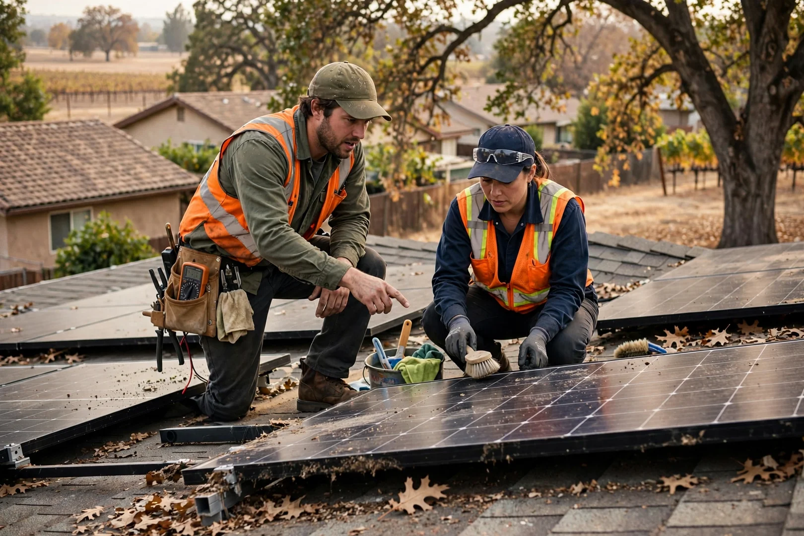 Installer reviewing battery storage estimate paperwork with homeowners at a kitchen table