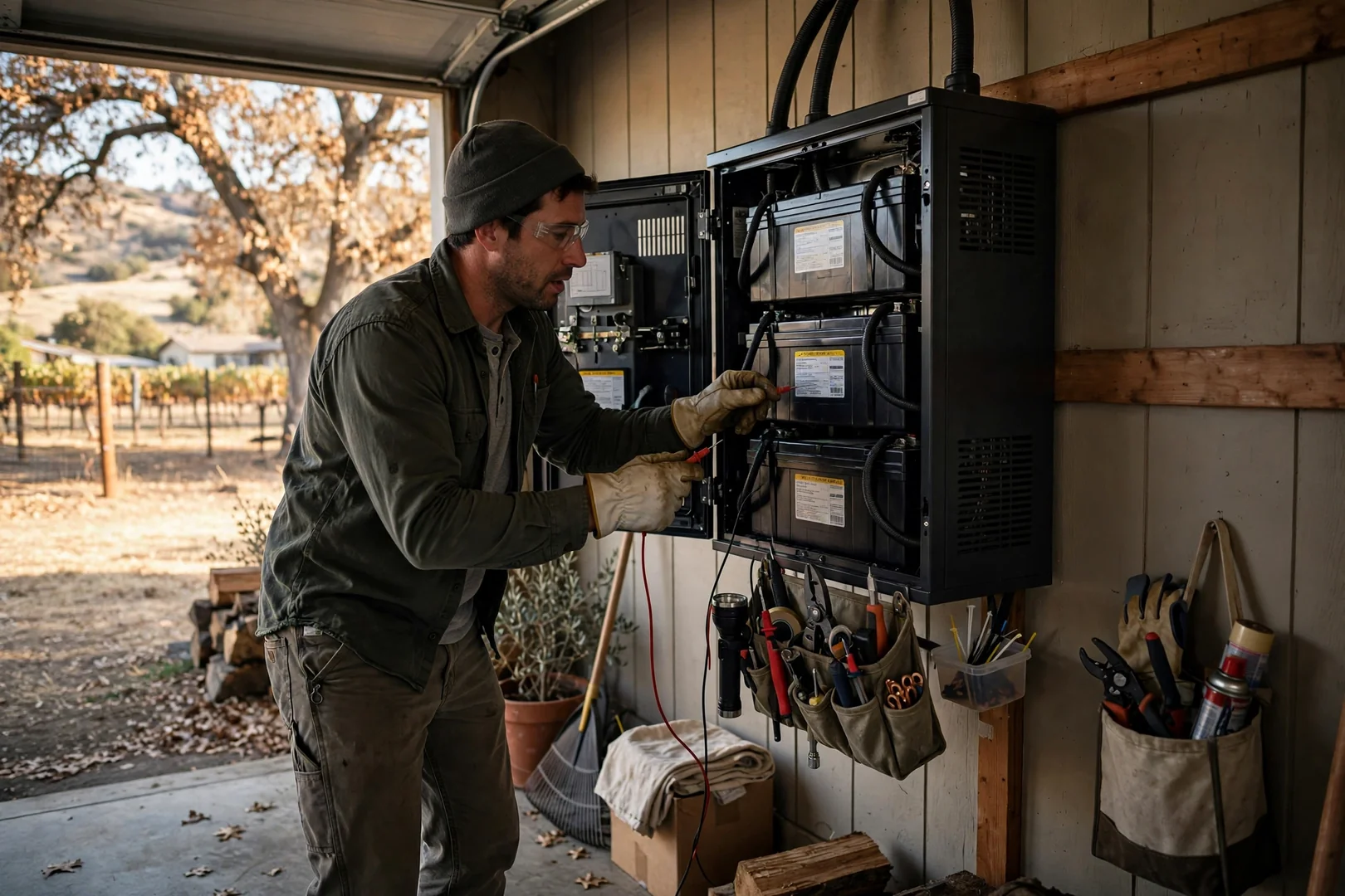 Wall-mounted solar battery cabinet installed in a shaded garage of a ranch home