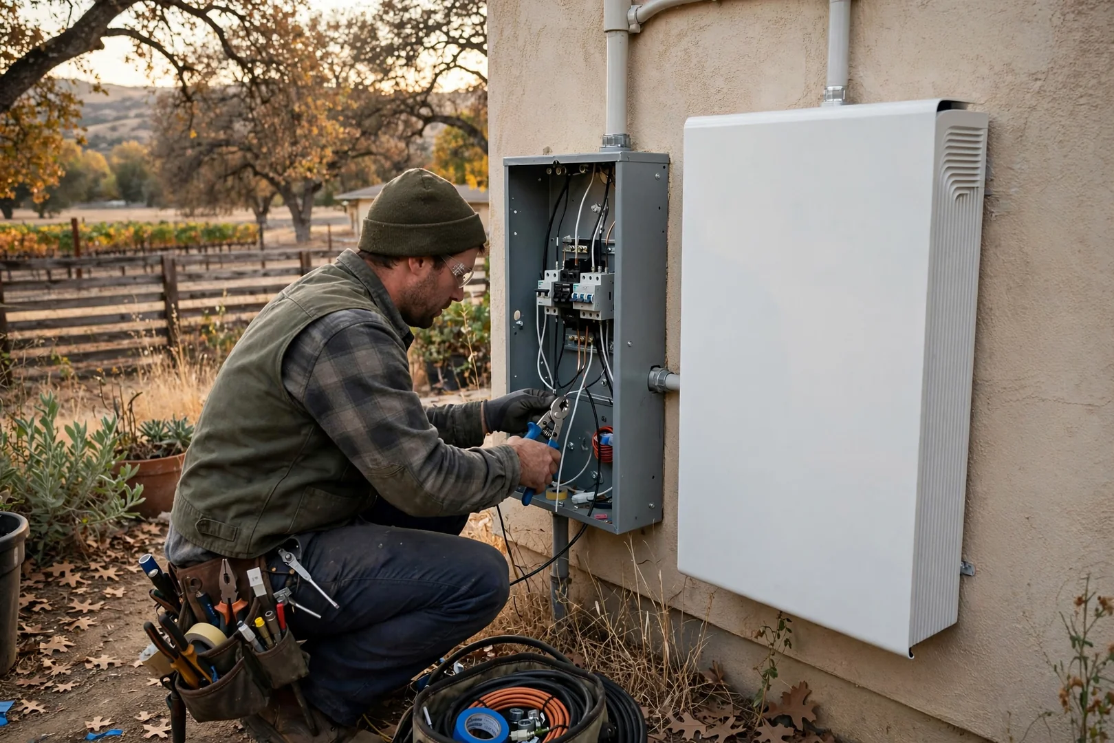 Technician wiring a critical-load subpanel beside a residential solar battery enclosure