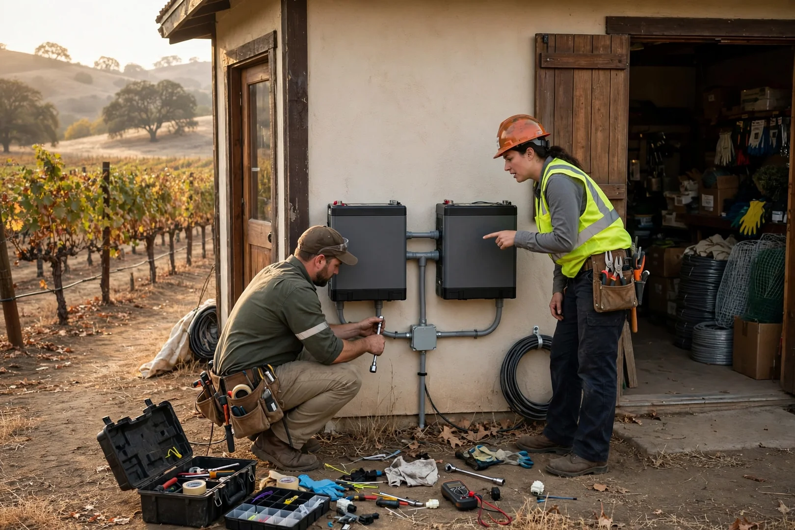 Wide shot of two battery modules mounted on an exterior wall near a vineyard shop