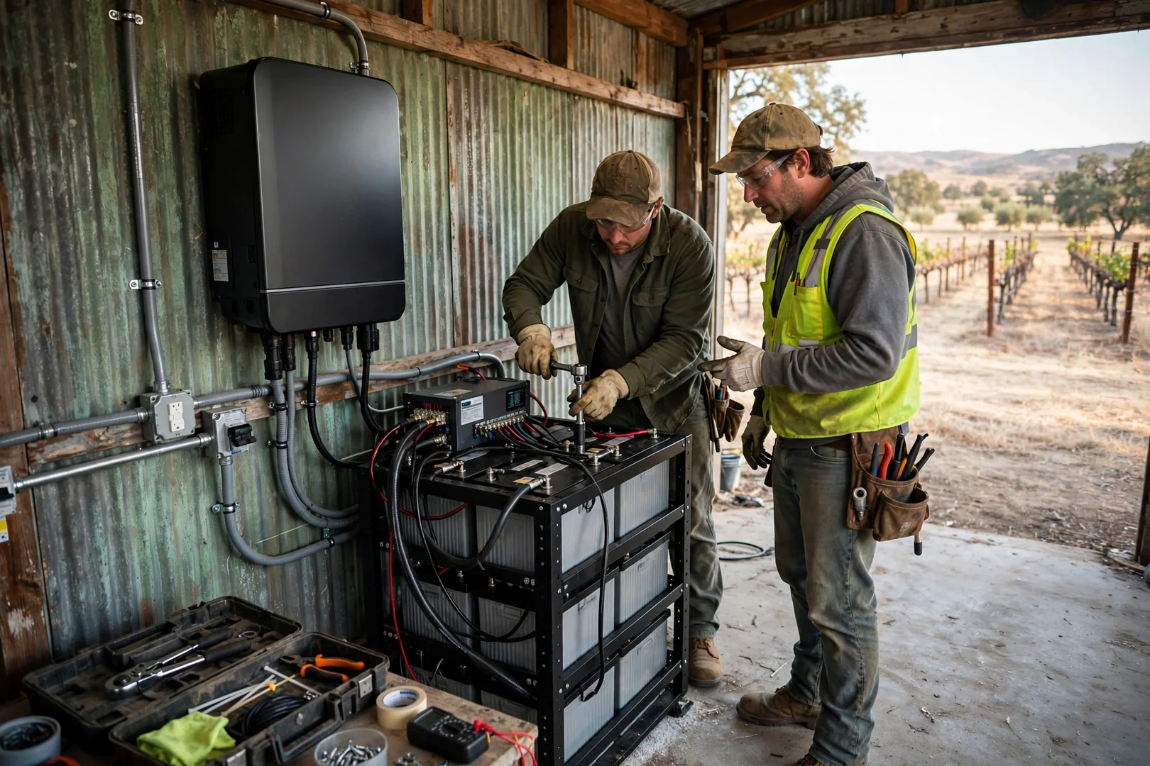 Hybrid inverter and battery bank installed together on a rural Lodi property outbuilding
