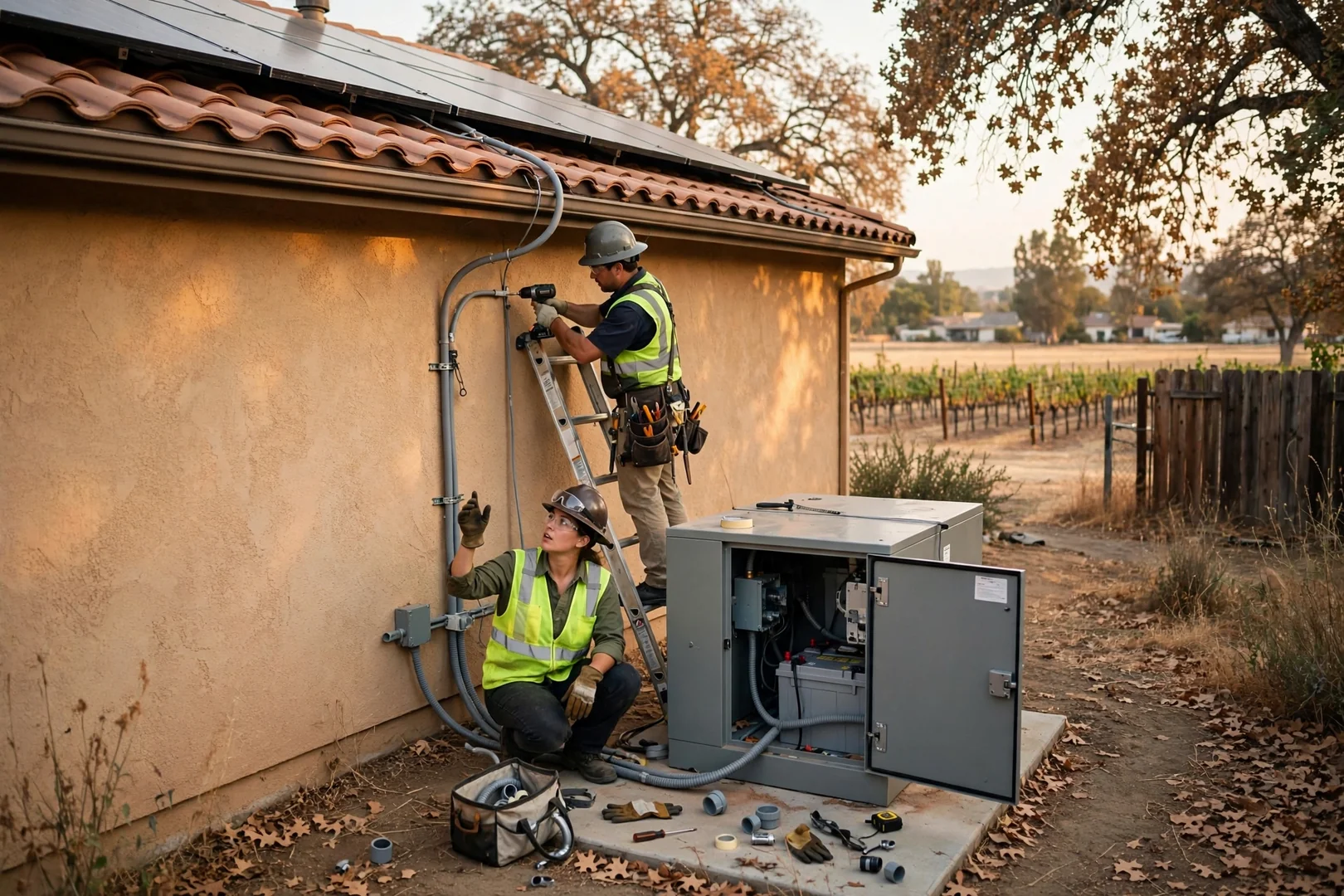 Conduit run connecting rooftop solar array to a ground-level battery storage enclosure