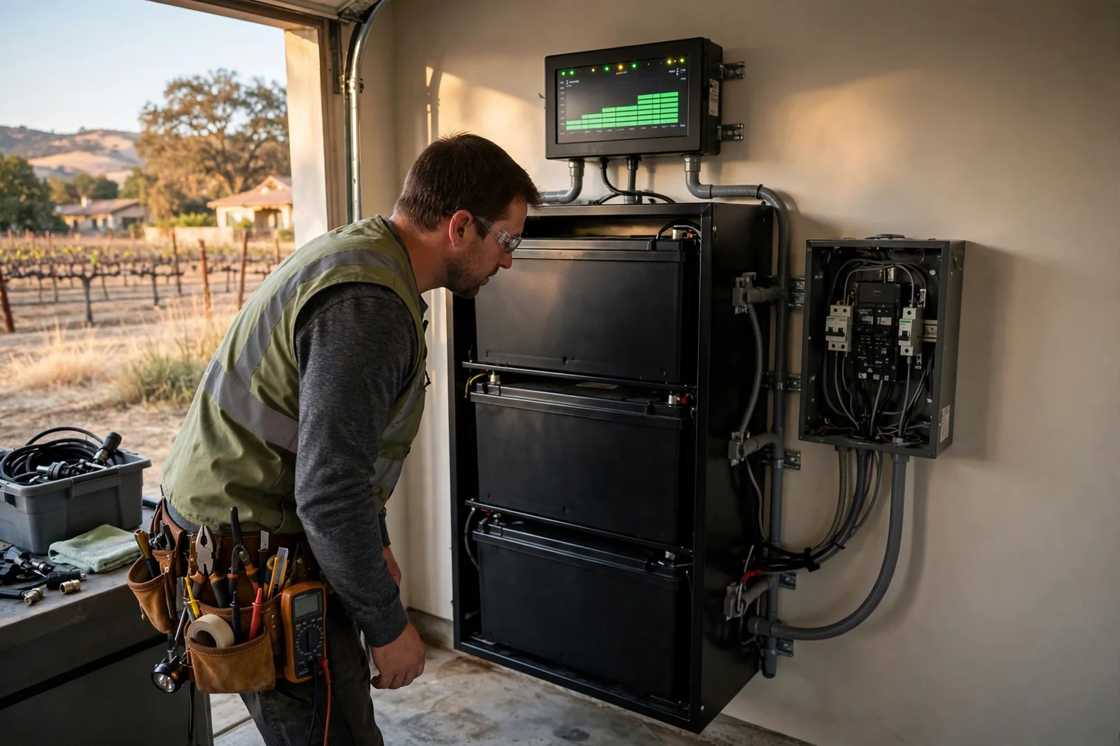 Finished solar battery system with monitoring display showing state of charge readings