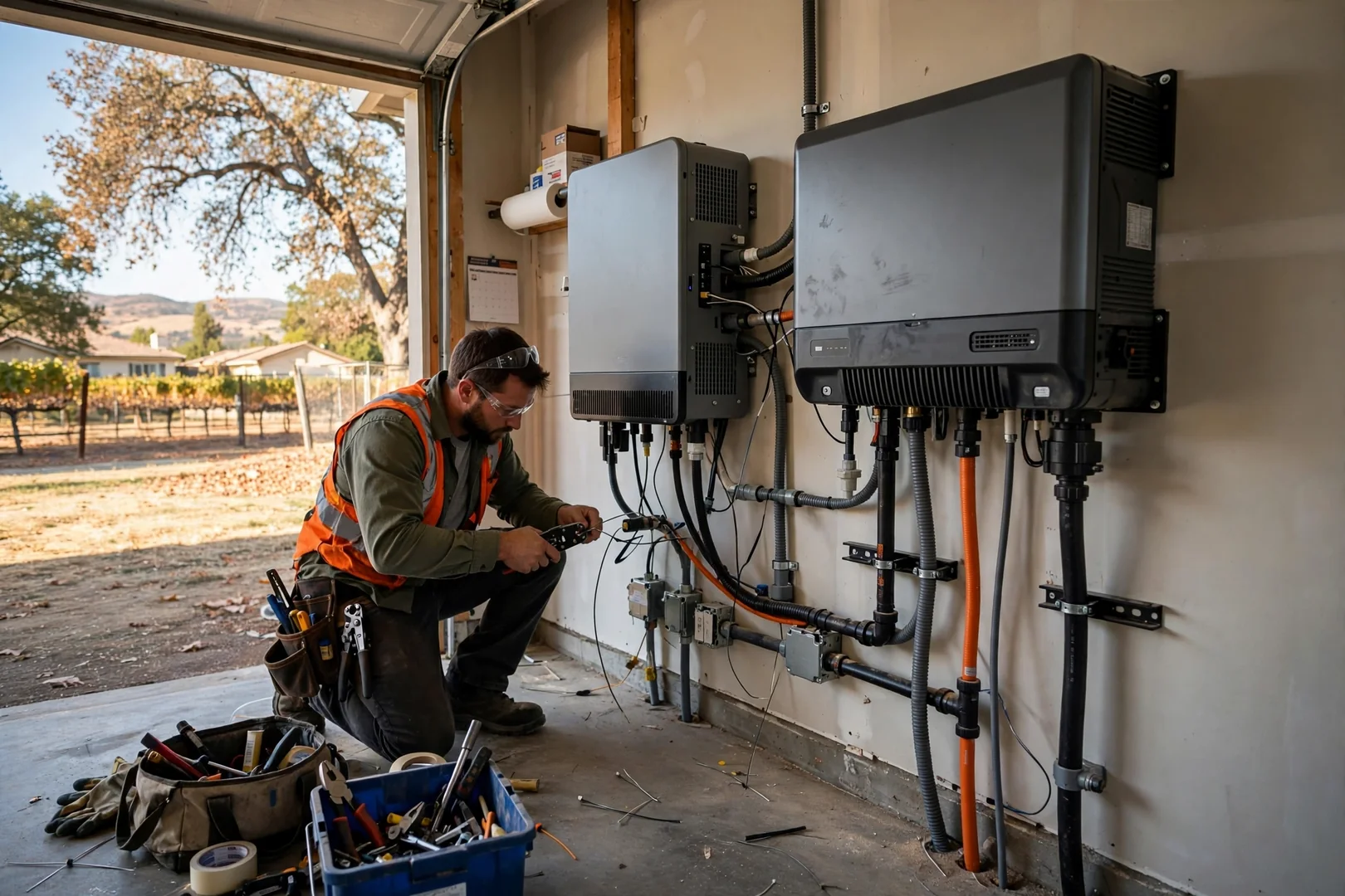 Wall-mounted battery storage unit wired beside a hybrid inverter in a residential garage
