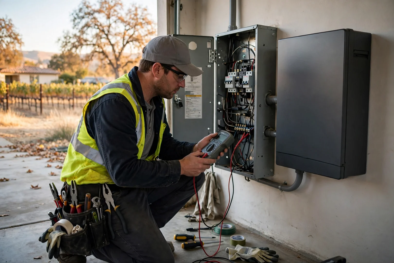 Installer checking critical load subpanel connections during a battery commissioning visit