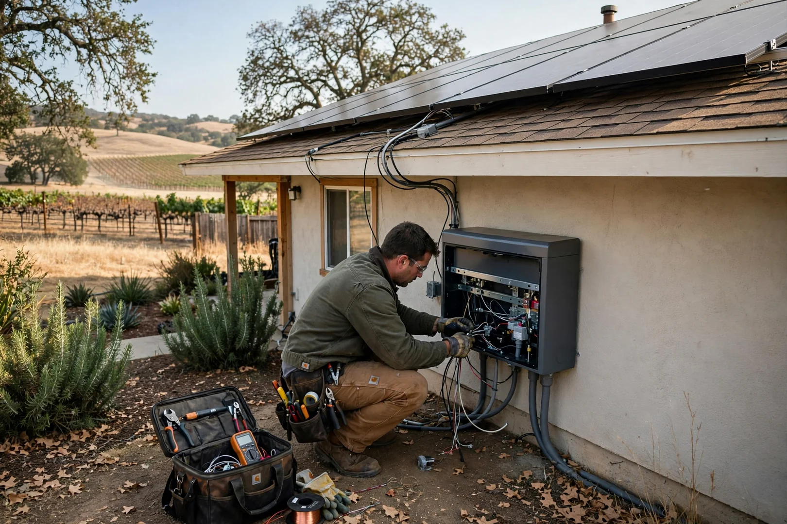 Rooftop solar array on a Lodi ranch-style home feeding a new storage system