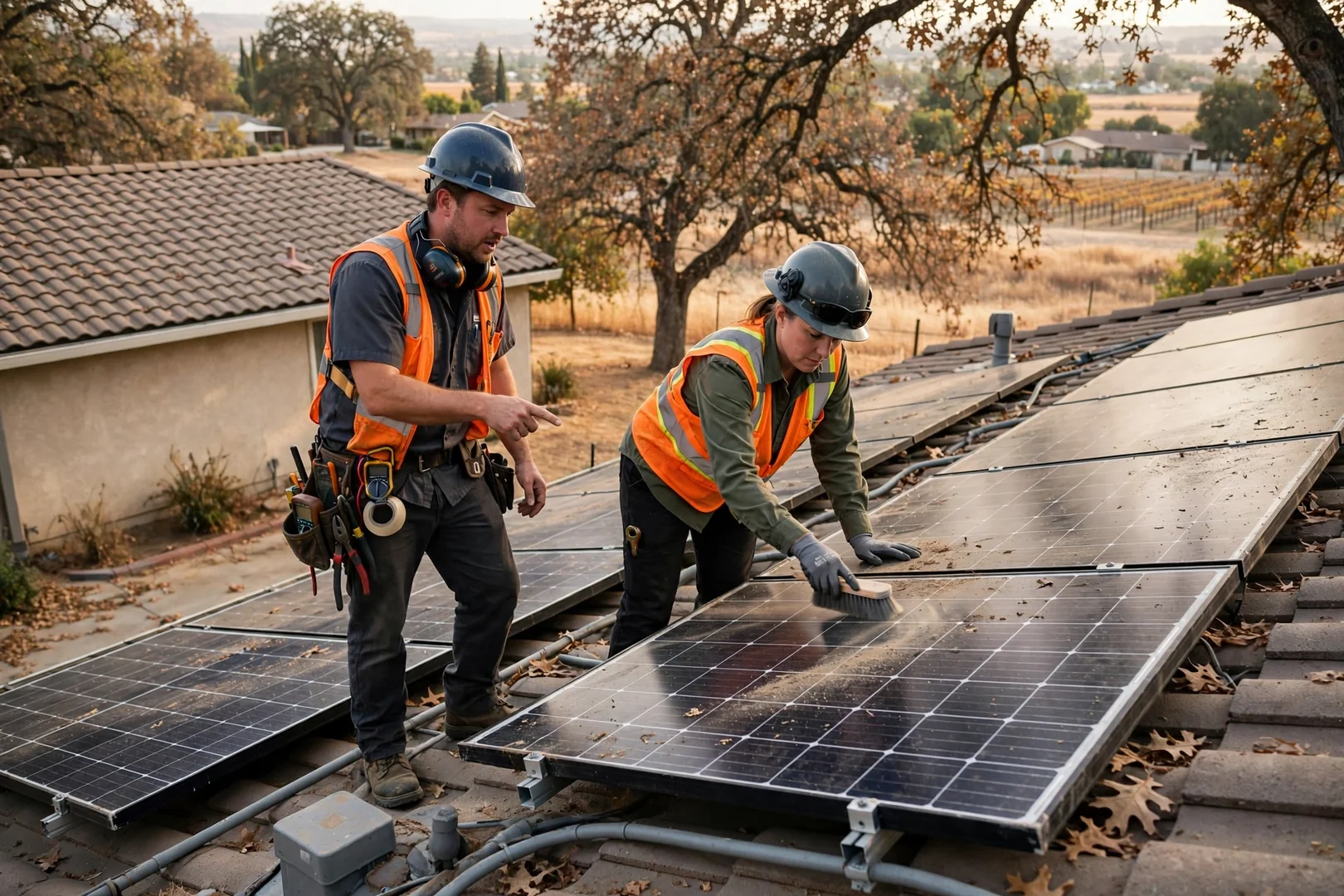 Homeowner and technician reviewing inverter replacement pricing options beside a solar array