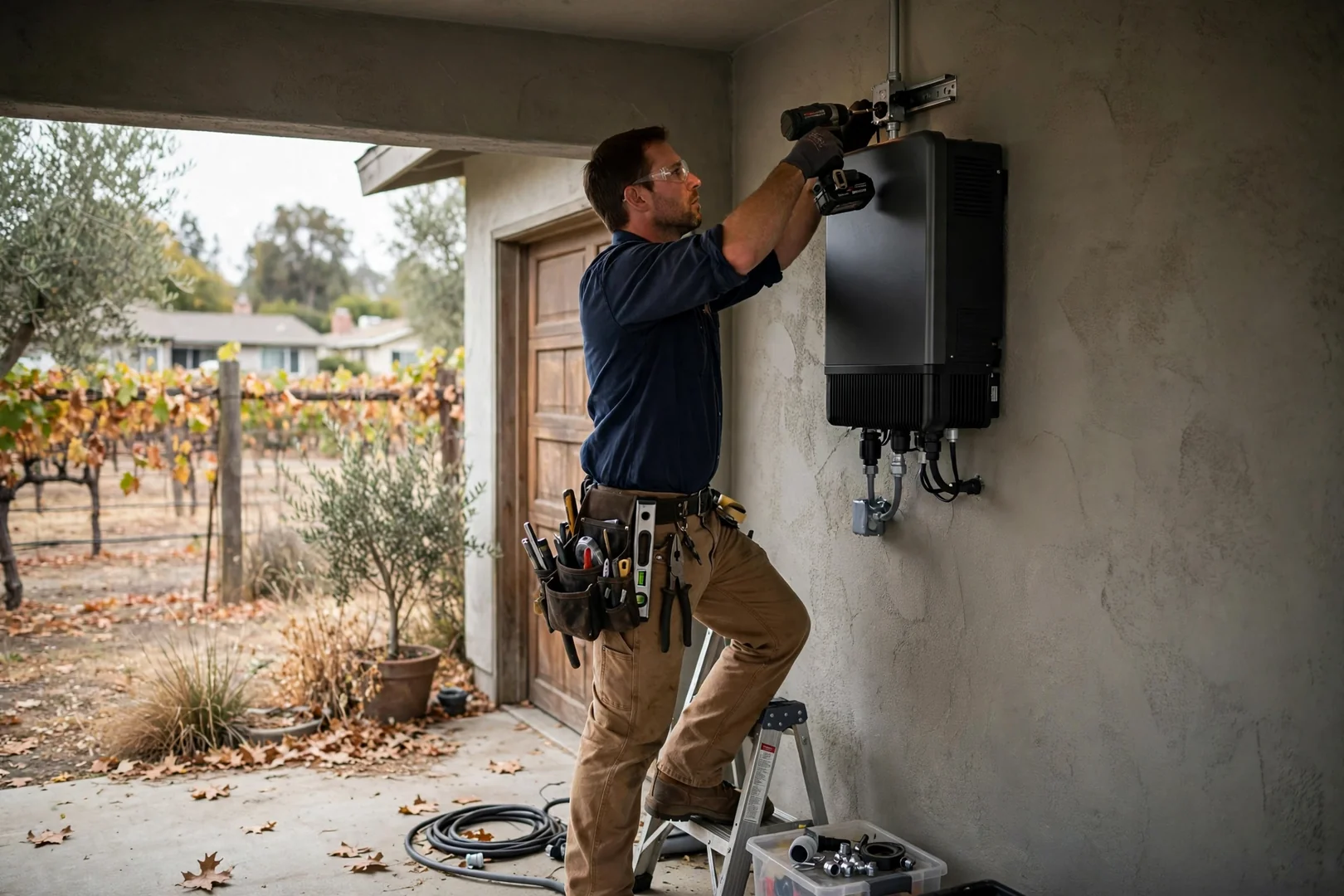 Technician mounting a new string inverter on a shaded garage wall in Lodi