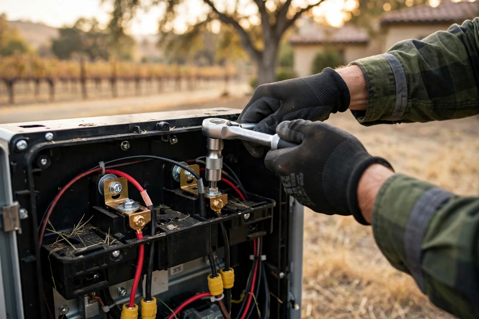 Close-up of torqued DC terminals inside a freshly installed solar inverter