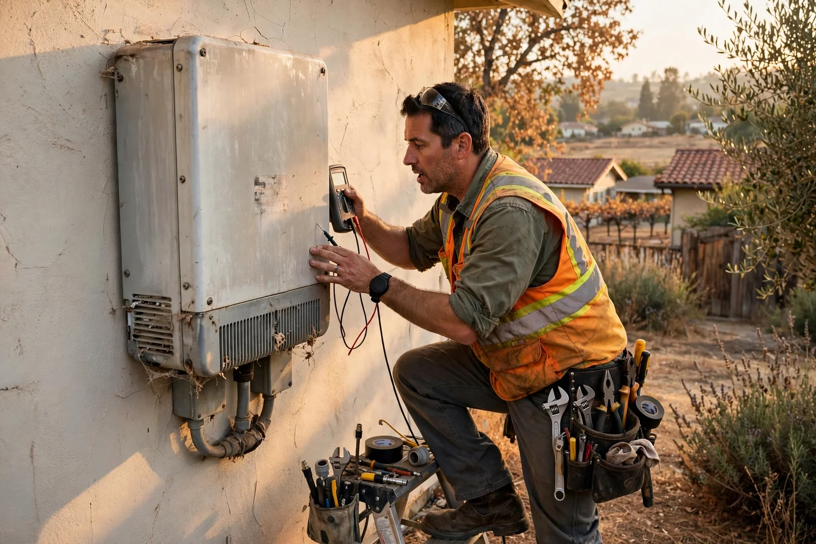 Aging sun-faded inverter on a west-facing wall before replacement work begins