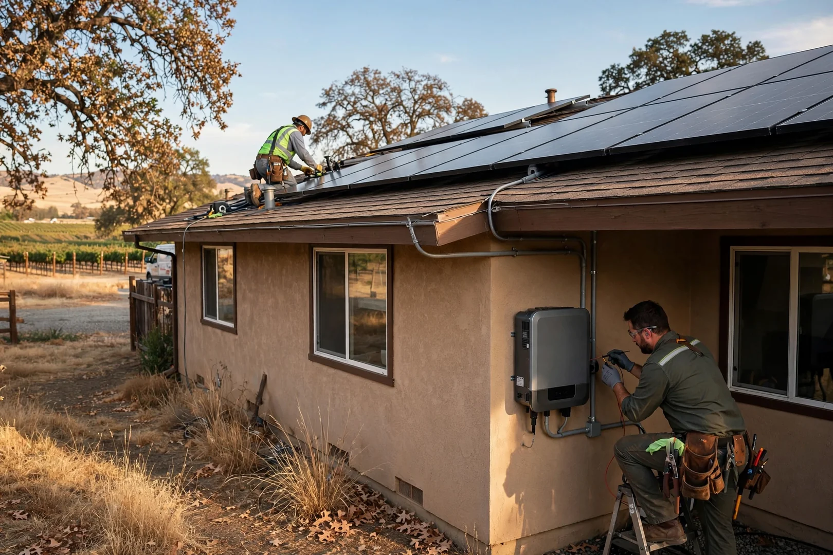 Wide view of a ranch home rooftop array feeding a newly replaced inverter