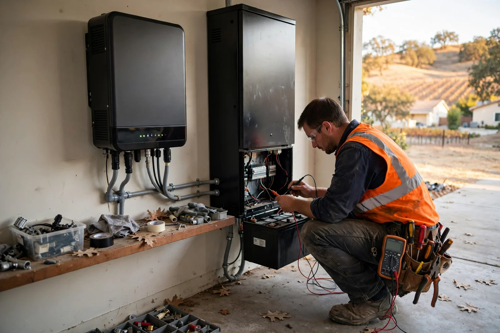 Hybrid inverter and battery cabinet installed together in a residential garage