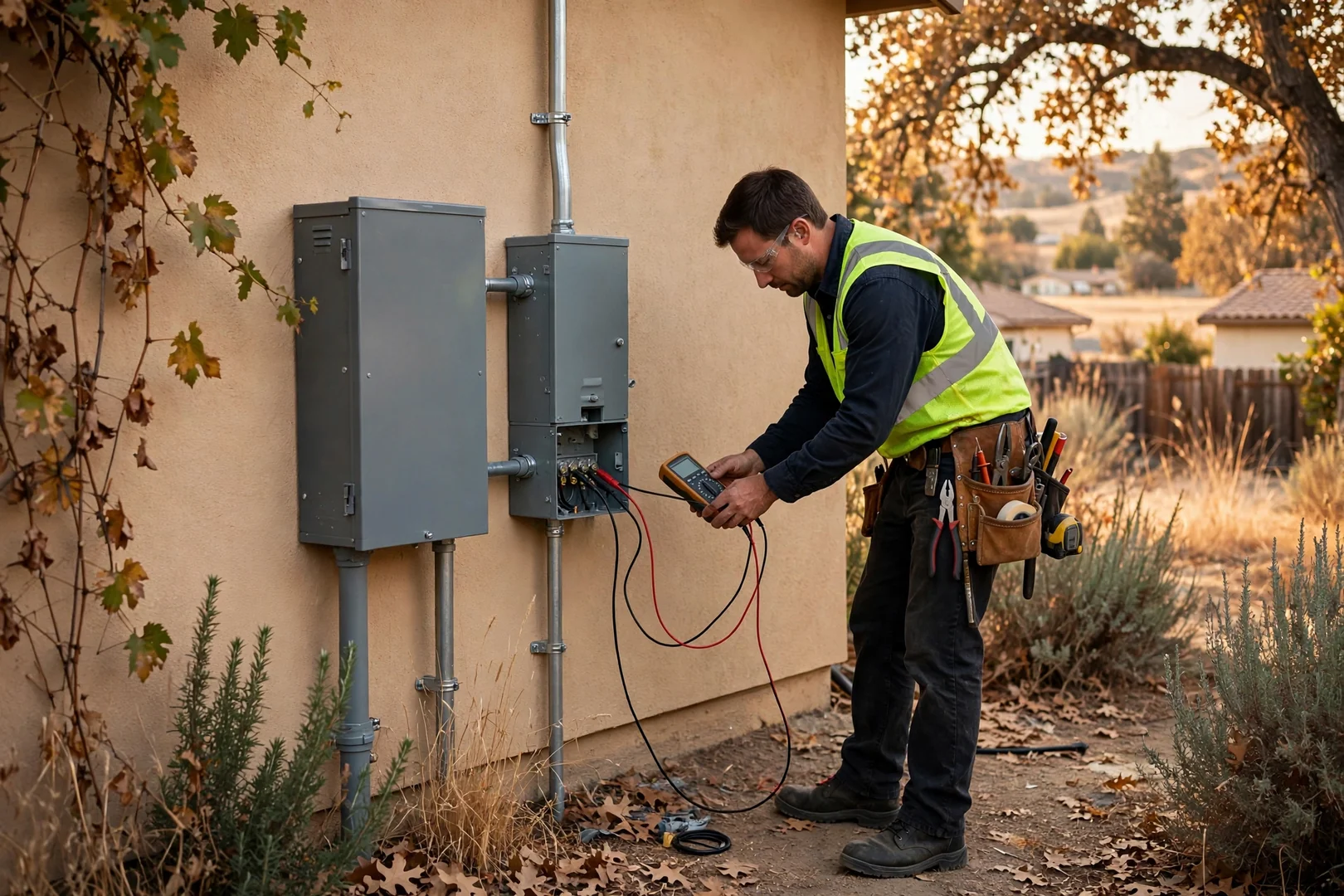 Labeled AC and DC disconnects mounted beside a completed inverter installation