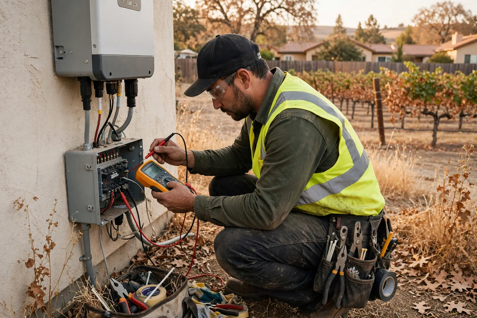 Installer checking string voltage with a meter during inverter commissioning