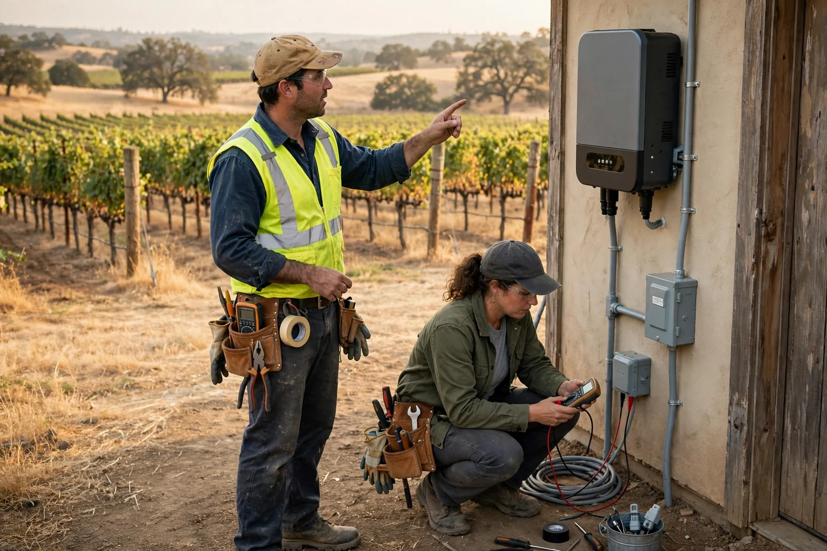 Finished inverter setup on a rural property with vineyard rows in background