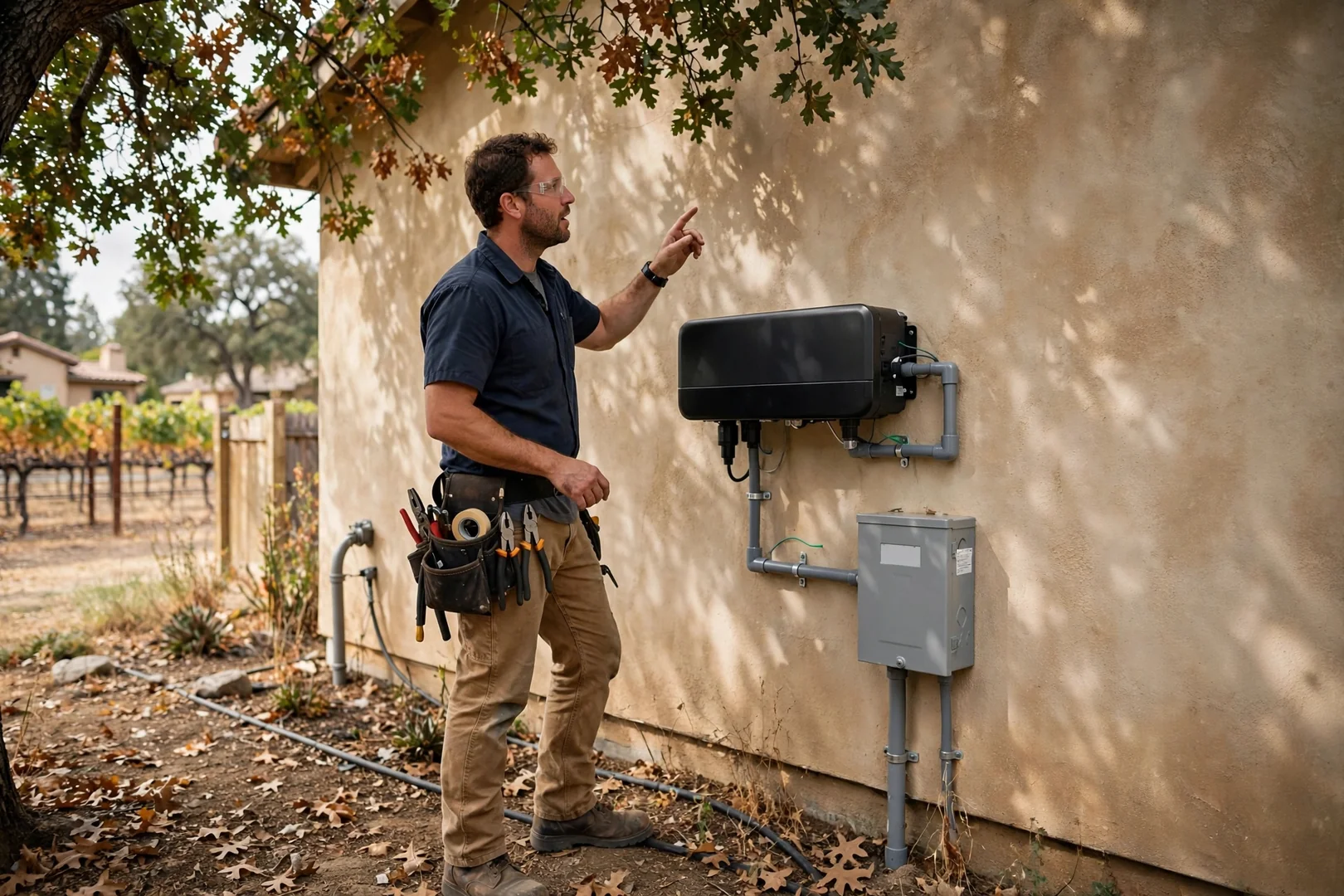 New solar inverter and AC disconnect installed on a shaded exterior wall