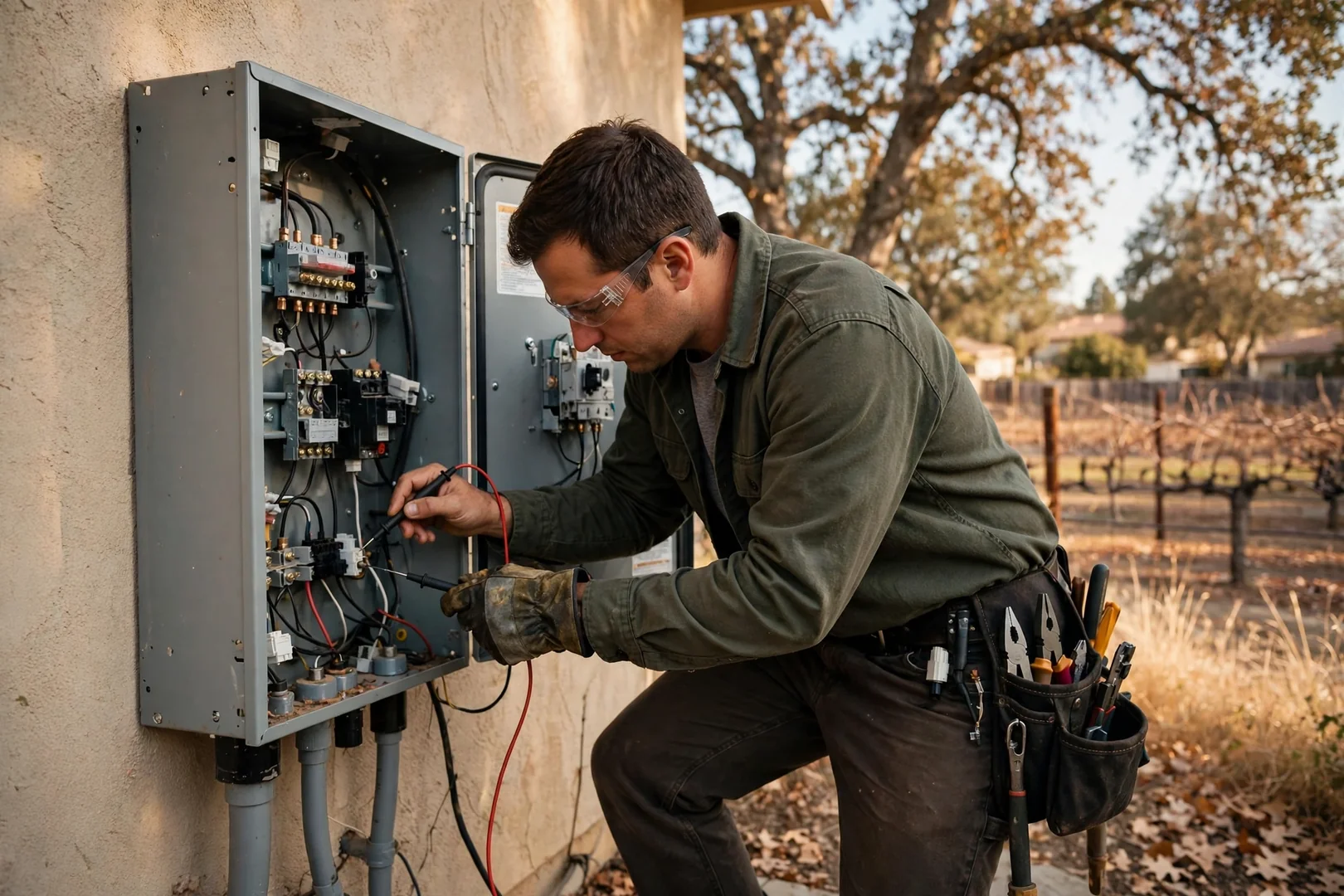 Installer checking inverter fault codes and wiring terminations during a replacement visit