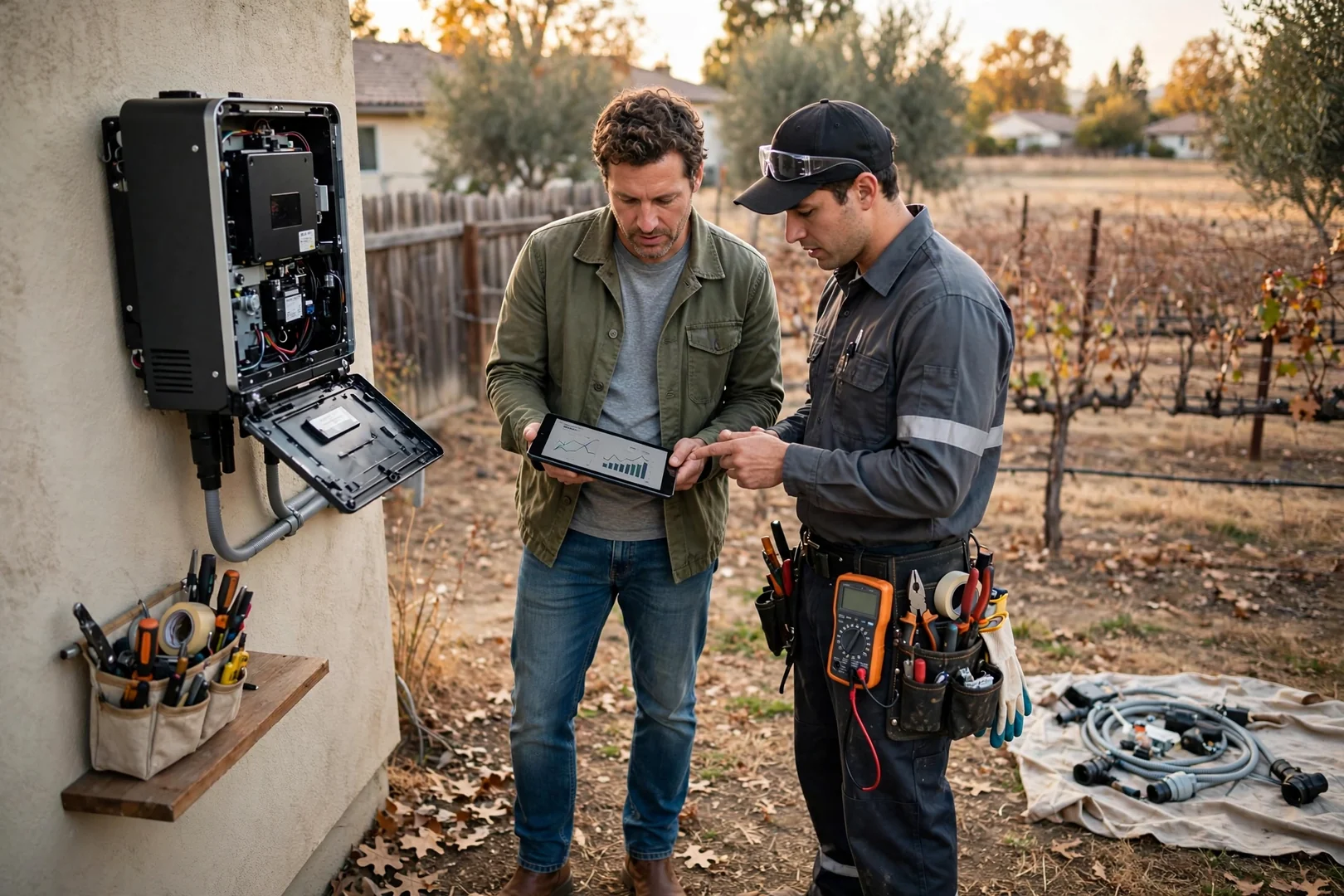 Homeowner reviewing solar production monitoring app after inverter replacement walkthrough