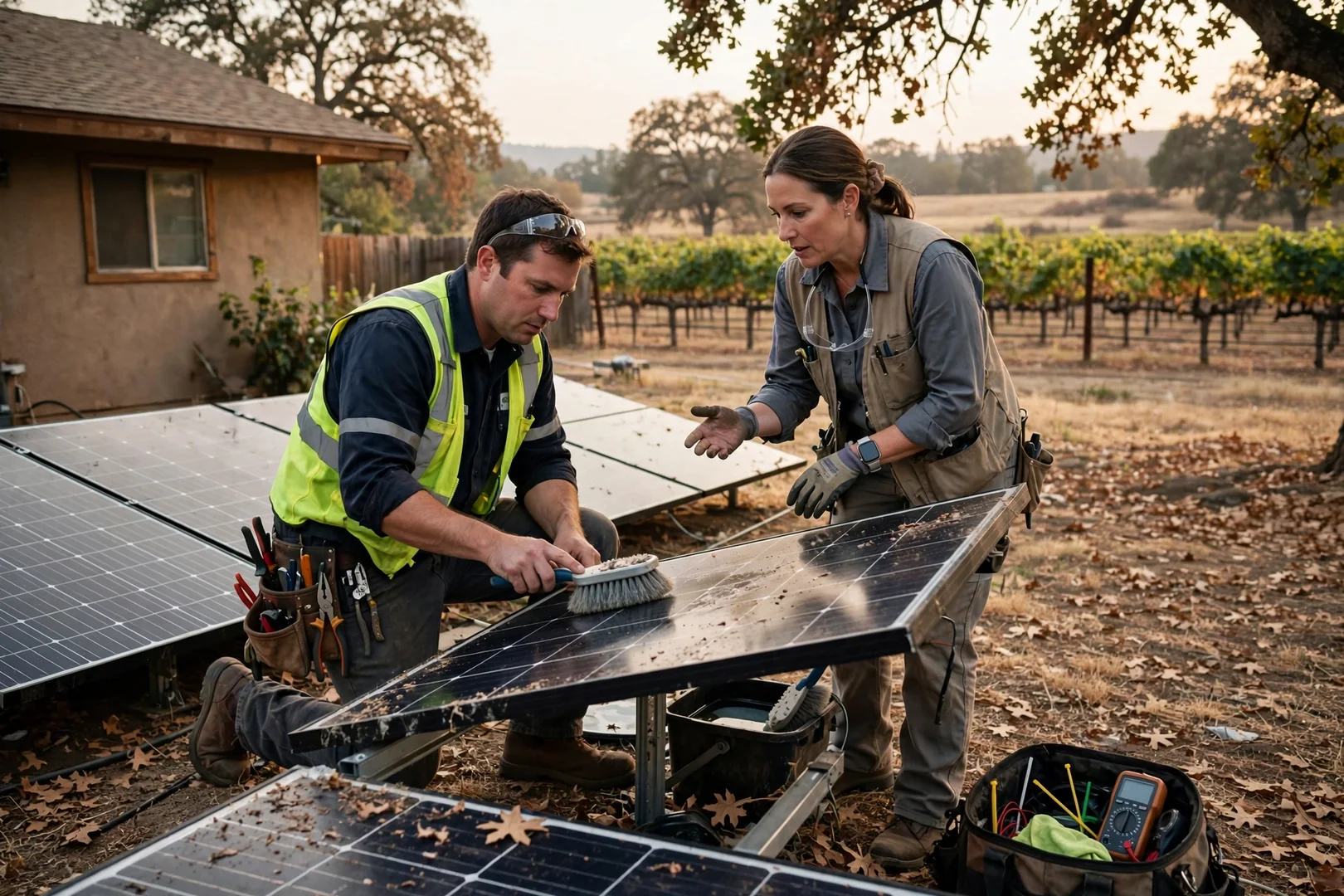 Solar installer reviewing panel layout with homeowner outside a Lodi residence at sunset