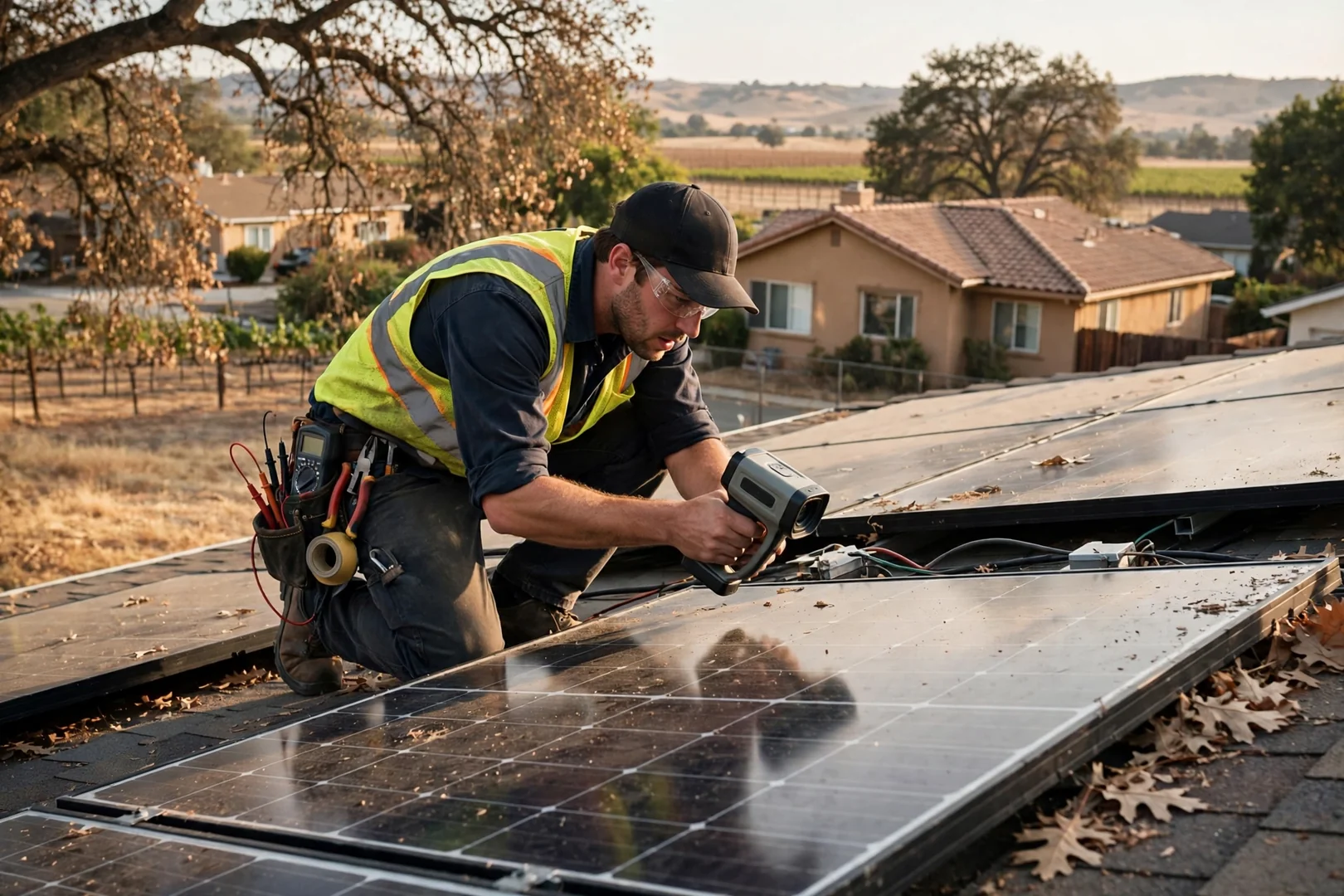 Technician testing solar array strings with a meter on a sunny valley rooftop