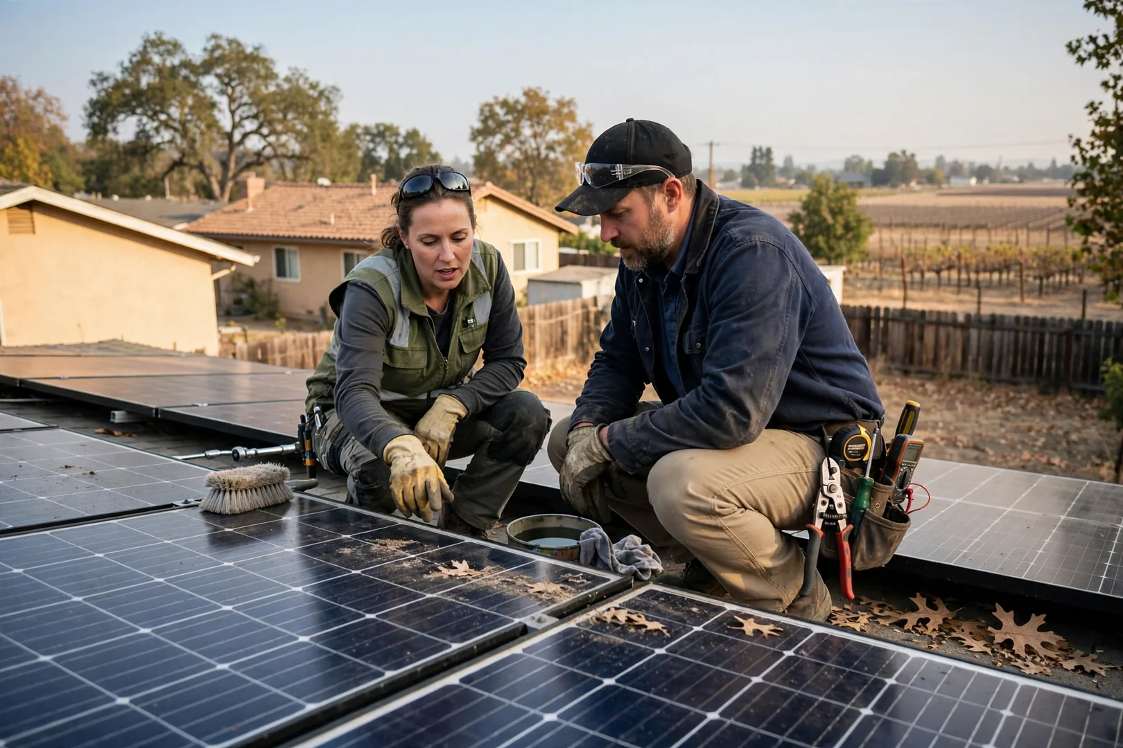 Solar technician measuring roof space during a home estimate visit in Lodi neighborhood
