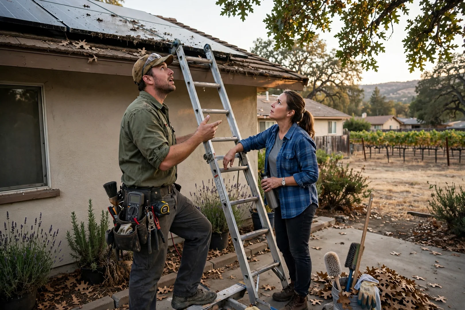Ground-mounted solar array installed on a rural property outside Lodi at sunset