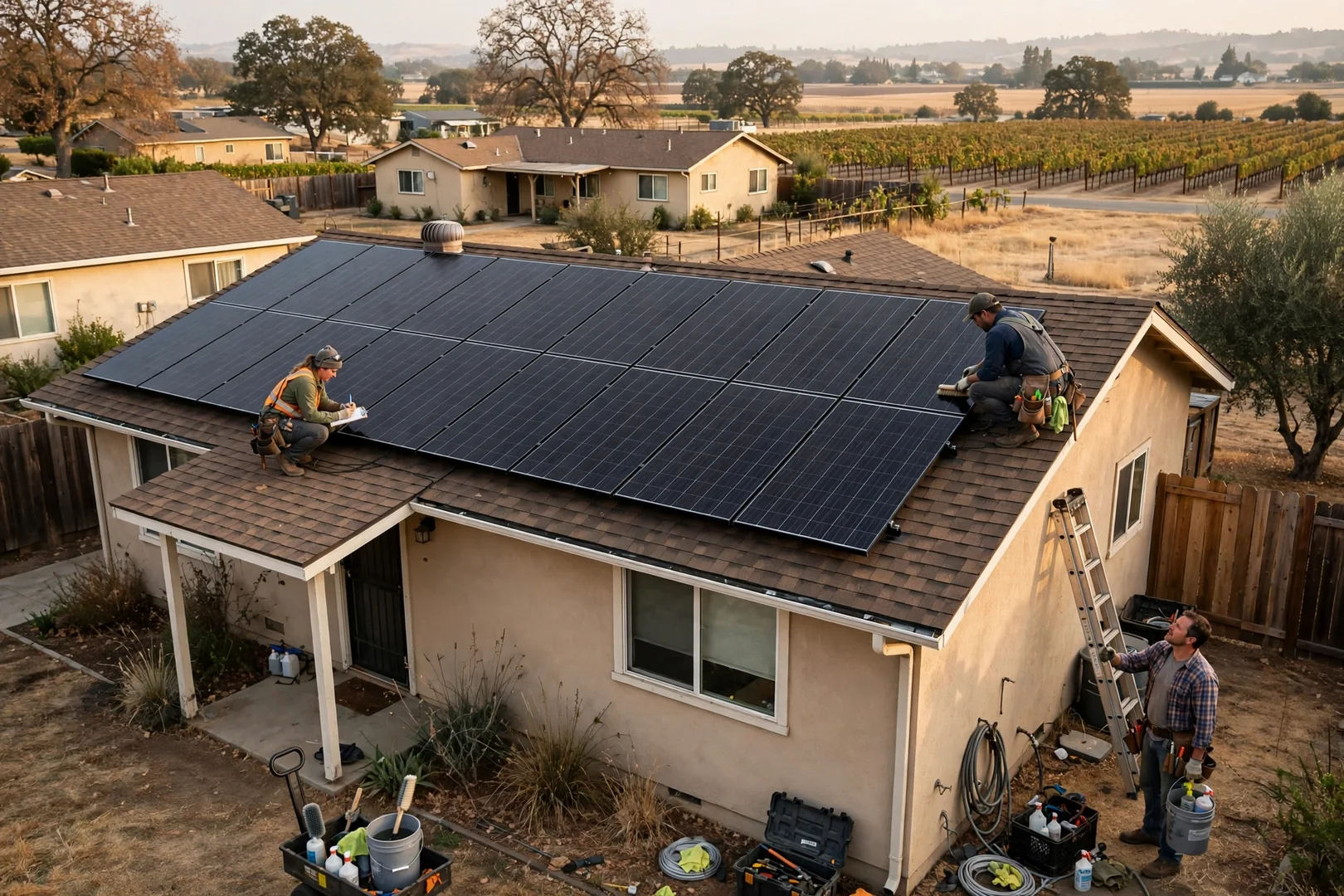 Wide view of a finished rooftop solar array on a single story Lodi home