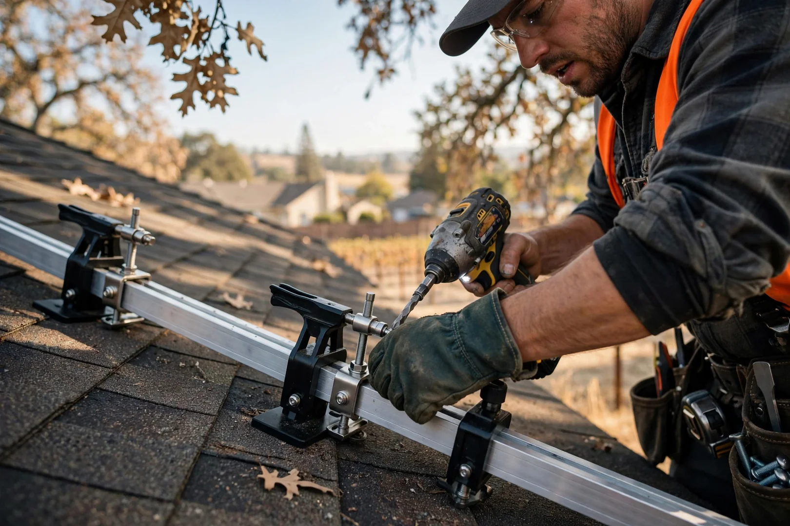Close view of module clamps and rail hardware secured on a shingle roof