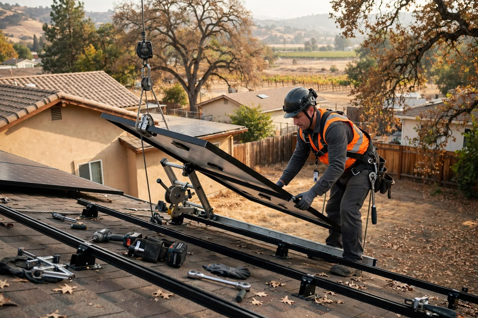 Installer guiding a solar module into place from a rooftop ladder hoist