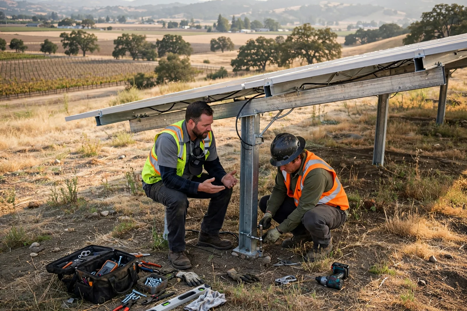 Ground mounted solar array on steel posts beside open valley farmland