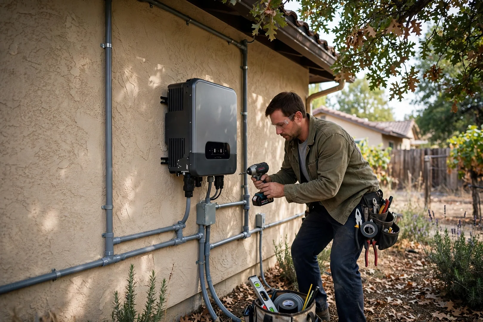 Newly mounted solar inverter and conduit runs on a shaded exterior wall