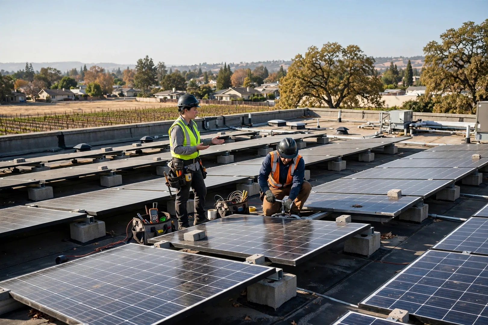 Large ballasted solar array covering a flat commercial rooftop in daylight