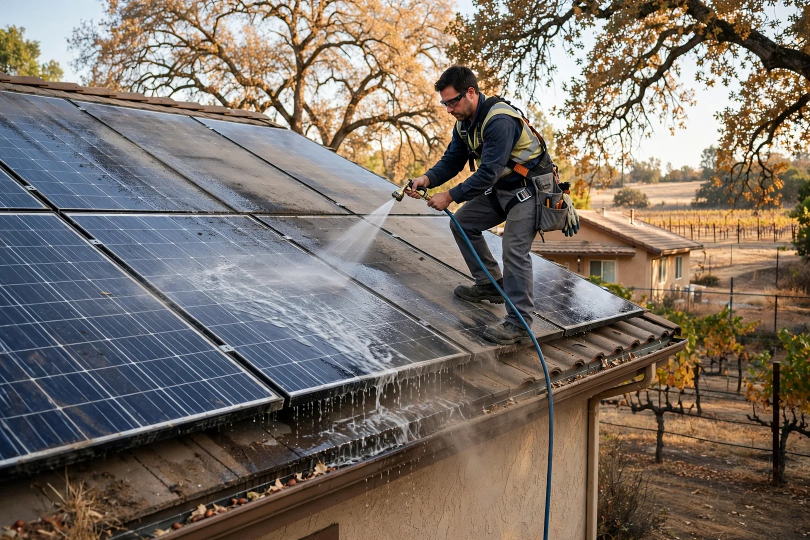 Technician rinsing dust from residential solar panels during seasonal cleaning