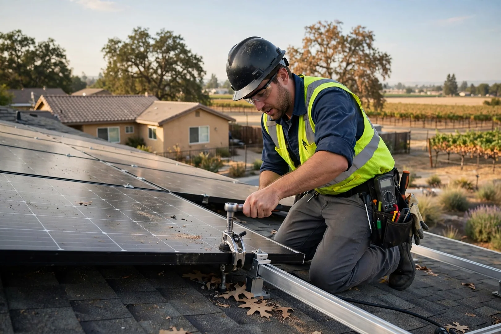 Solar technician checking module clamp torque on a residential rooftop array in Lodi
