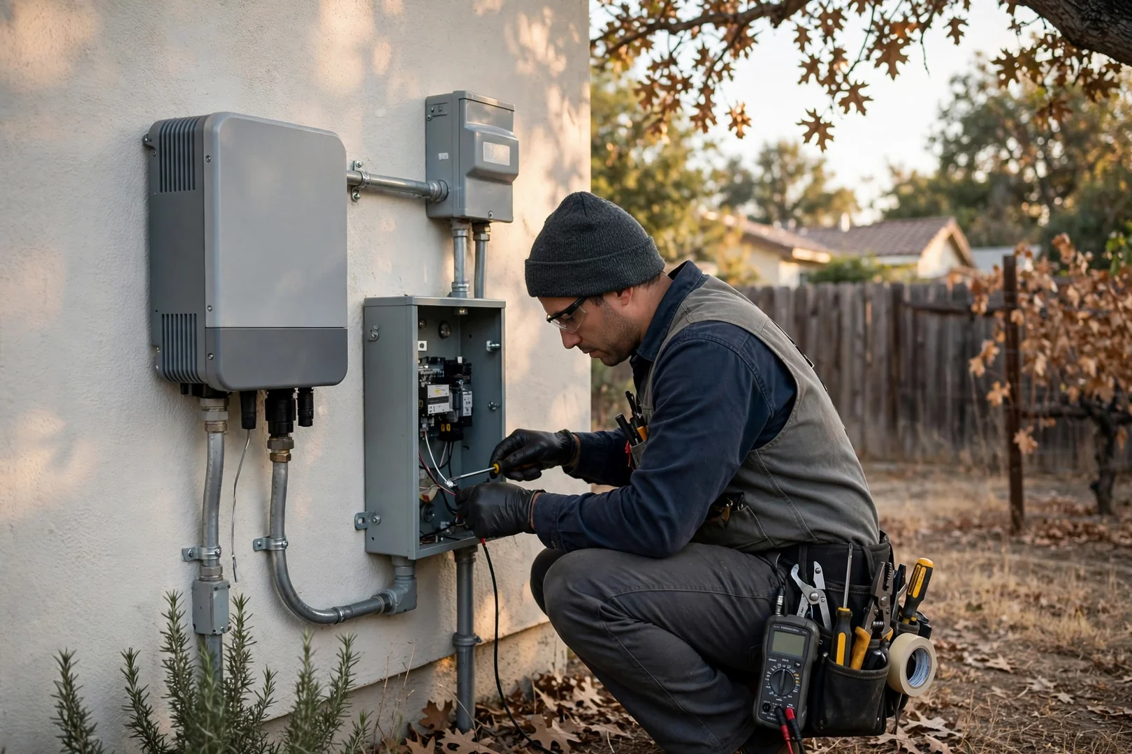 Installer reviewing inverter production readings with a homeowner beside the main service panel