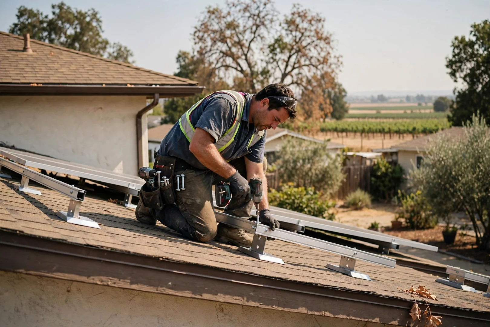 Solar installer securing roof racking on a Lodi home during a summer install